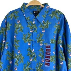 Haggar Mens Ugly Christmas Shirt XL Blue Button Up Allover Print Ornament NWT